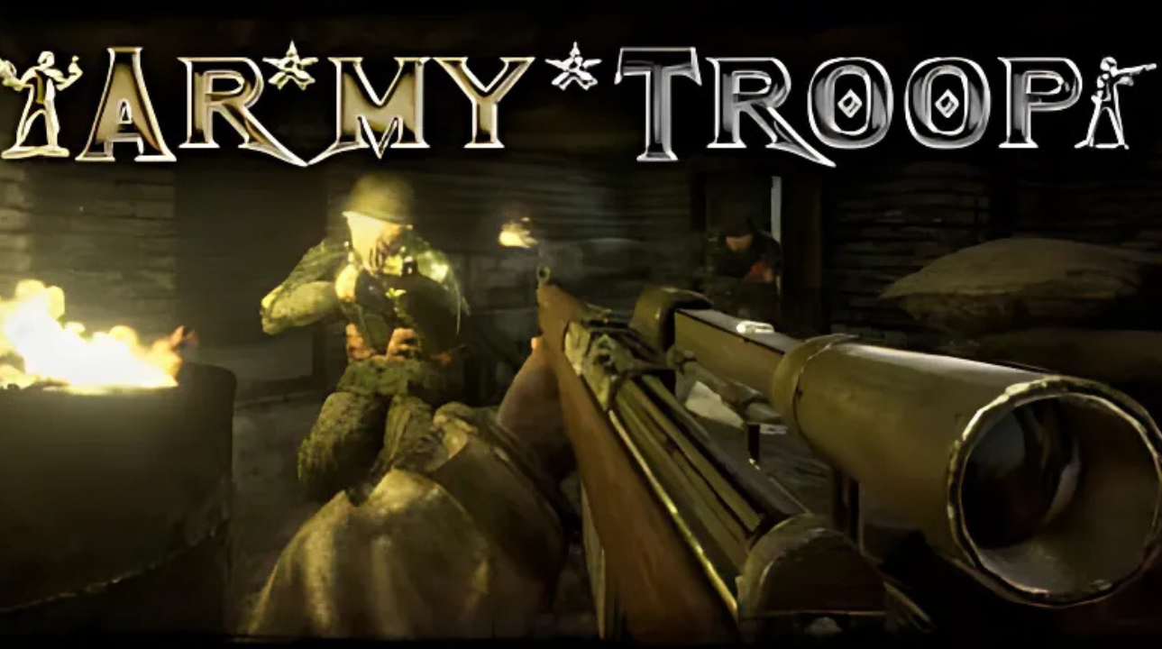 Gameplay screenshot from Army Troop showing a first-person view of a World War II soldier aiming a rifle inside a dimly lit bunker, with enemies engaging in combat and the game’s stylized title above.