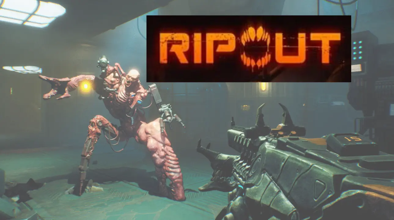 Screenshot of Ripout showing a player exploring a dark, derelict spaceship with their Pet Gun companion, facing off against a grotesque mutant enemy.