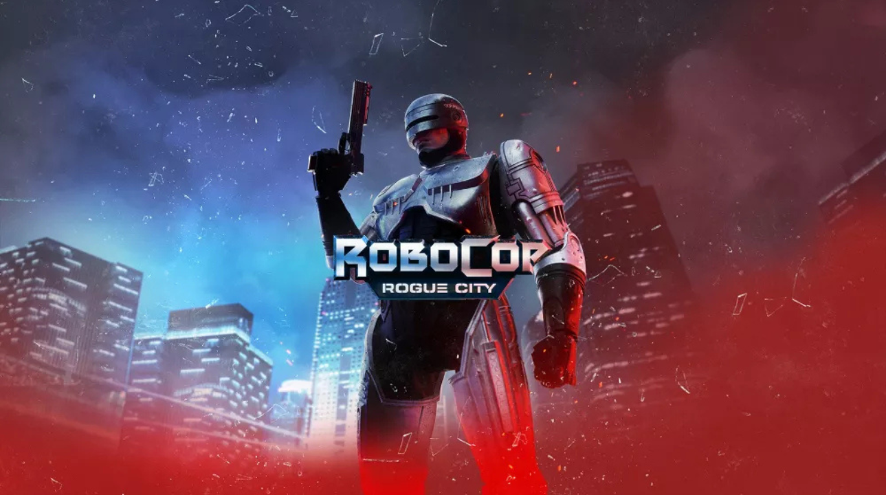RoboCop stands tall in a futuristic cityscape, holding his signature Auto-9 pistol, ready to uphold the law in RoboCop: Rogue City.