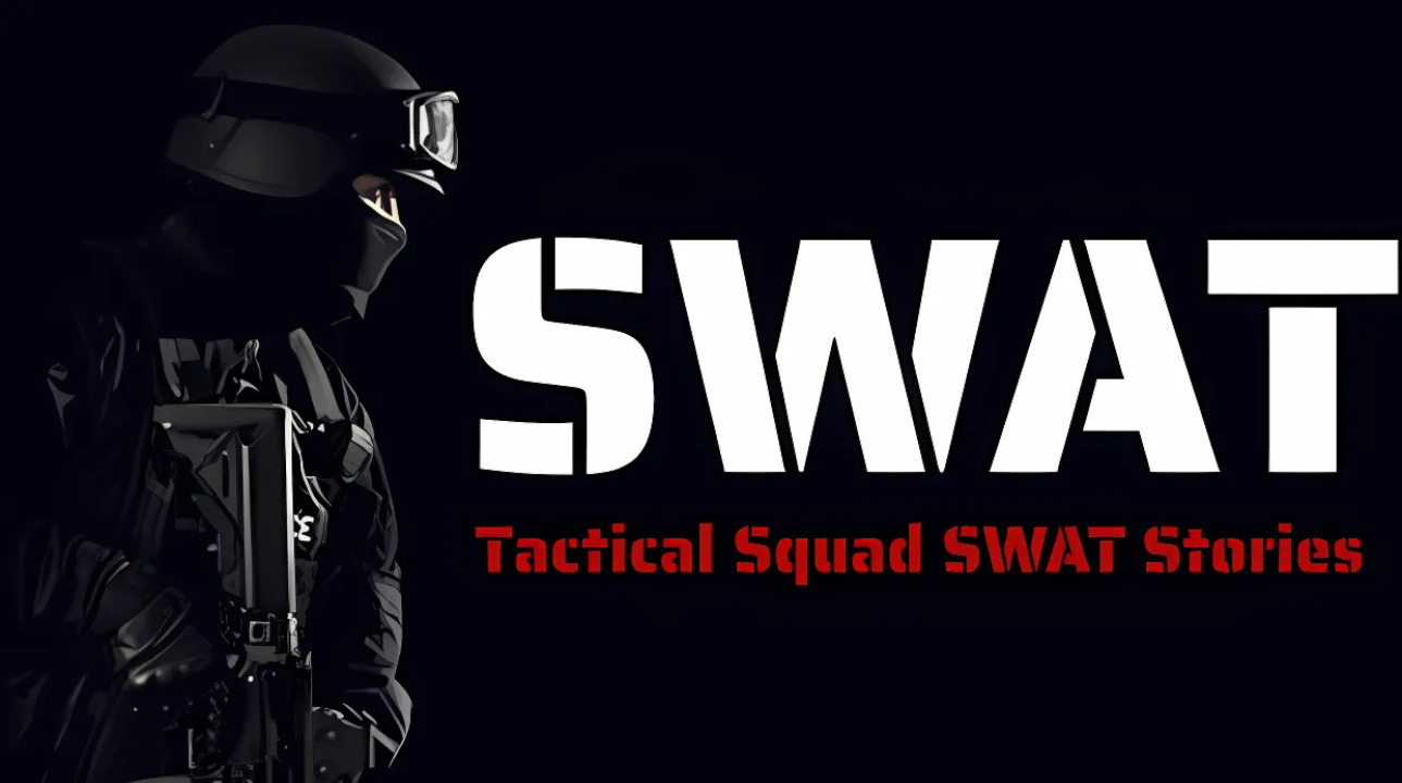 A Tactical Squad SWAT team member stands poised in full gear with a bold game logo.