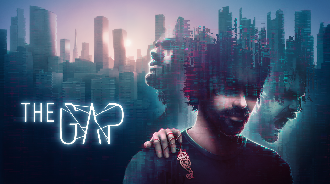 Man facing memory distortions in a glitched cityscape – The Gap
