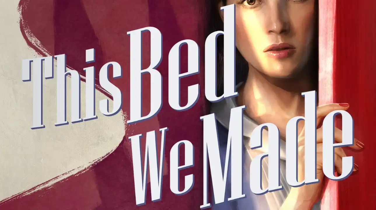 Close-up of This Bed We Made cover showing a mysterious woman peeking through a red curtain, with detailed focus on her facial expression.