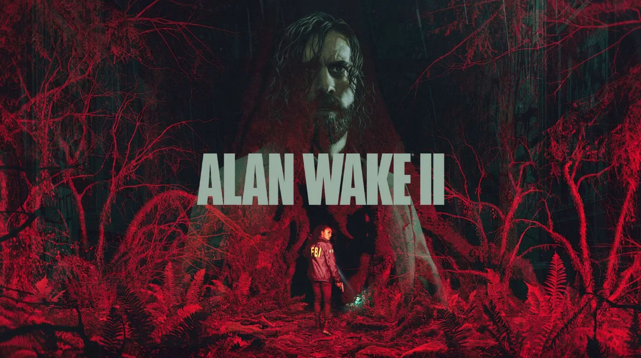 Alan Wake II title screen with protagonist standing in a dark, eerie forest with red foliage
