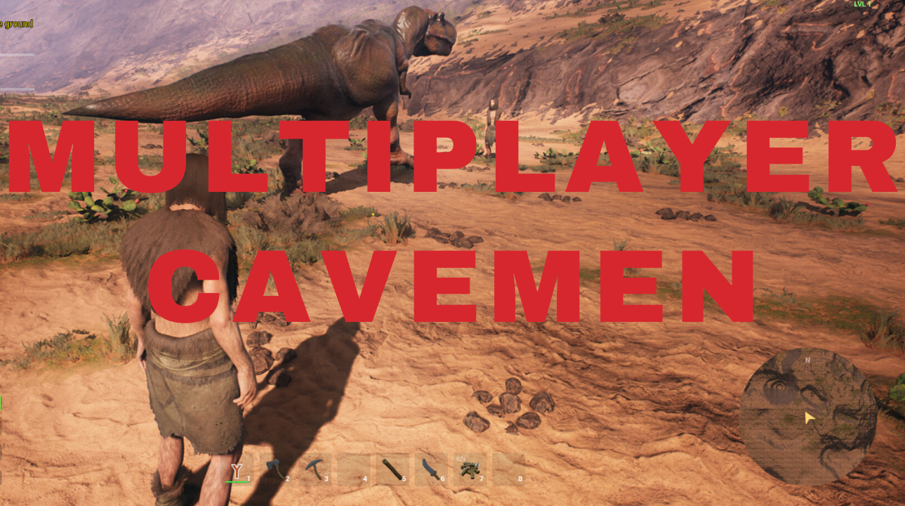 A player character in primitive attire stands in a desert landscape with a towering dinosaur in the background in Multiplayer Cavemen.
