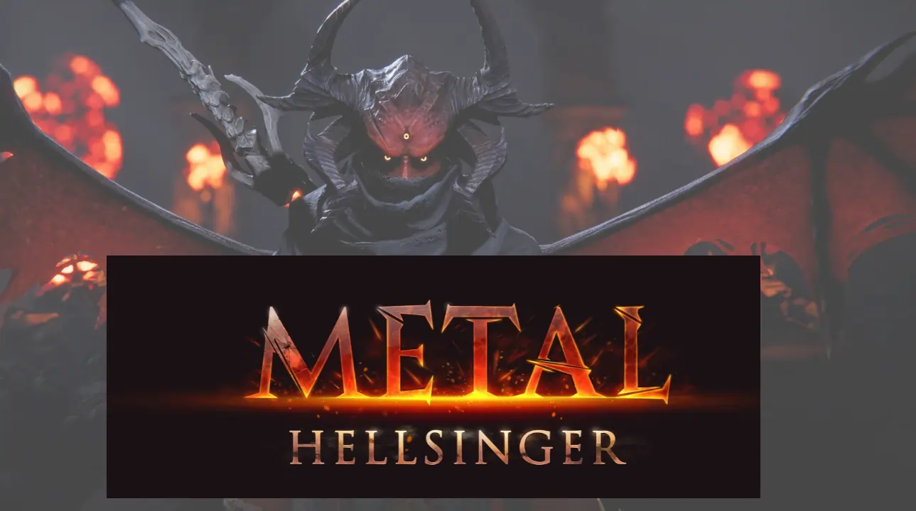 Metal Hellsinger demonic figure with horns and fiery background.