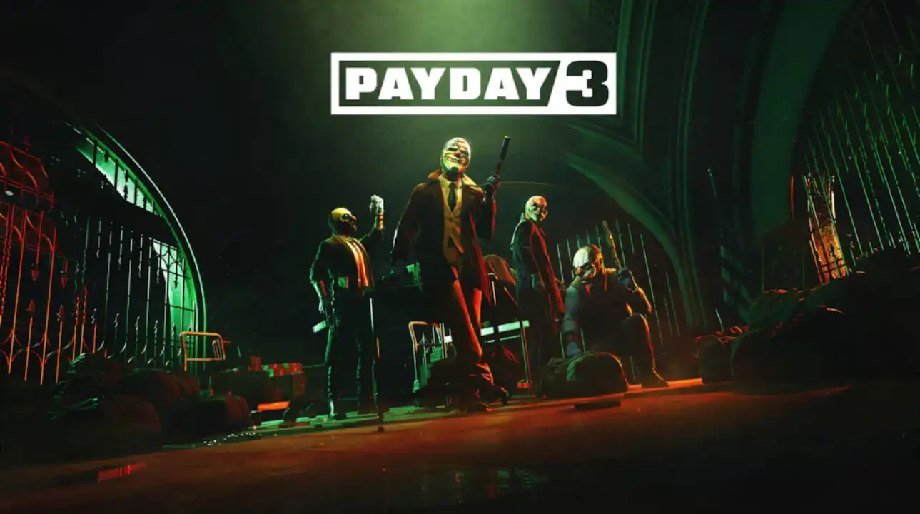 he masked Payday gang stands confidently under dramatic green and orange lighting inside a large, vault-like room, with the PAYDAY 3 logo above.