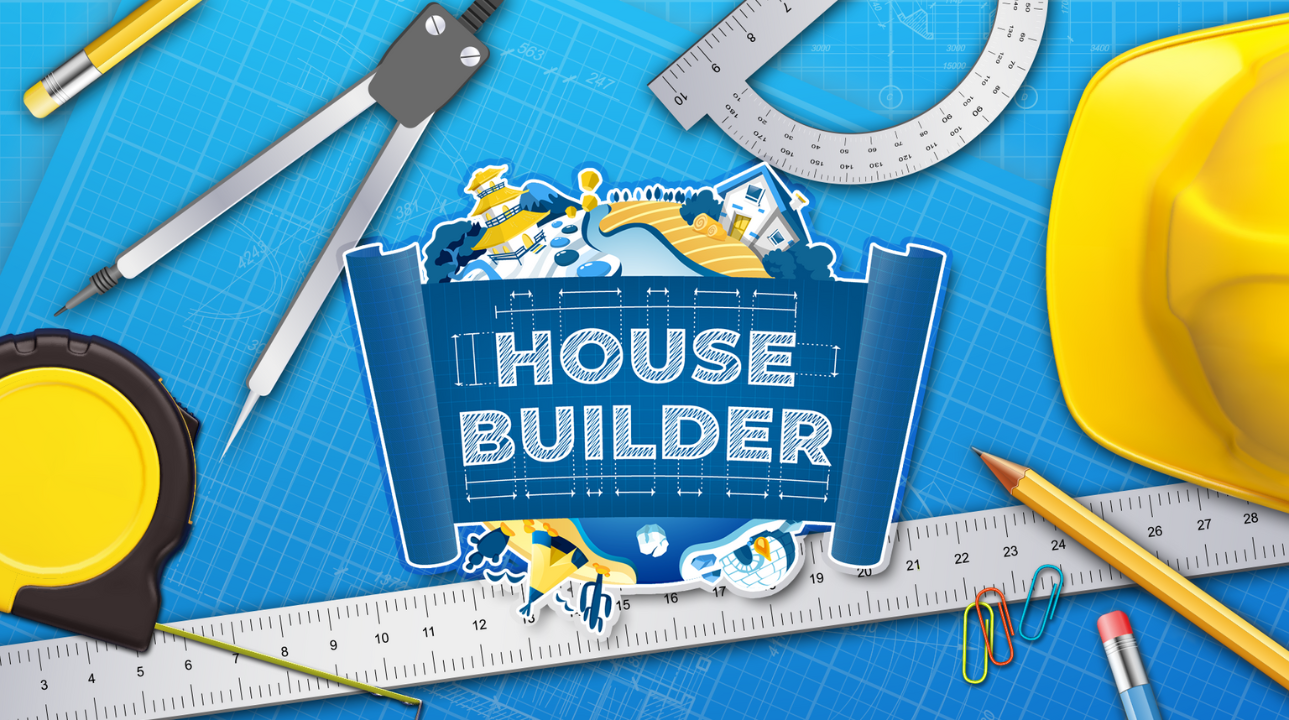 Gameplay screenshot from House Builder showing a partially constructed house in a diverse environment, highlighting the game's realistic building mechanics and global architecture.