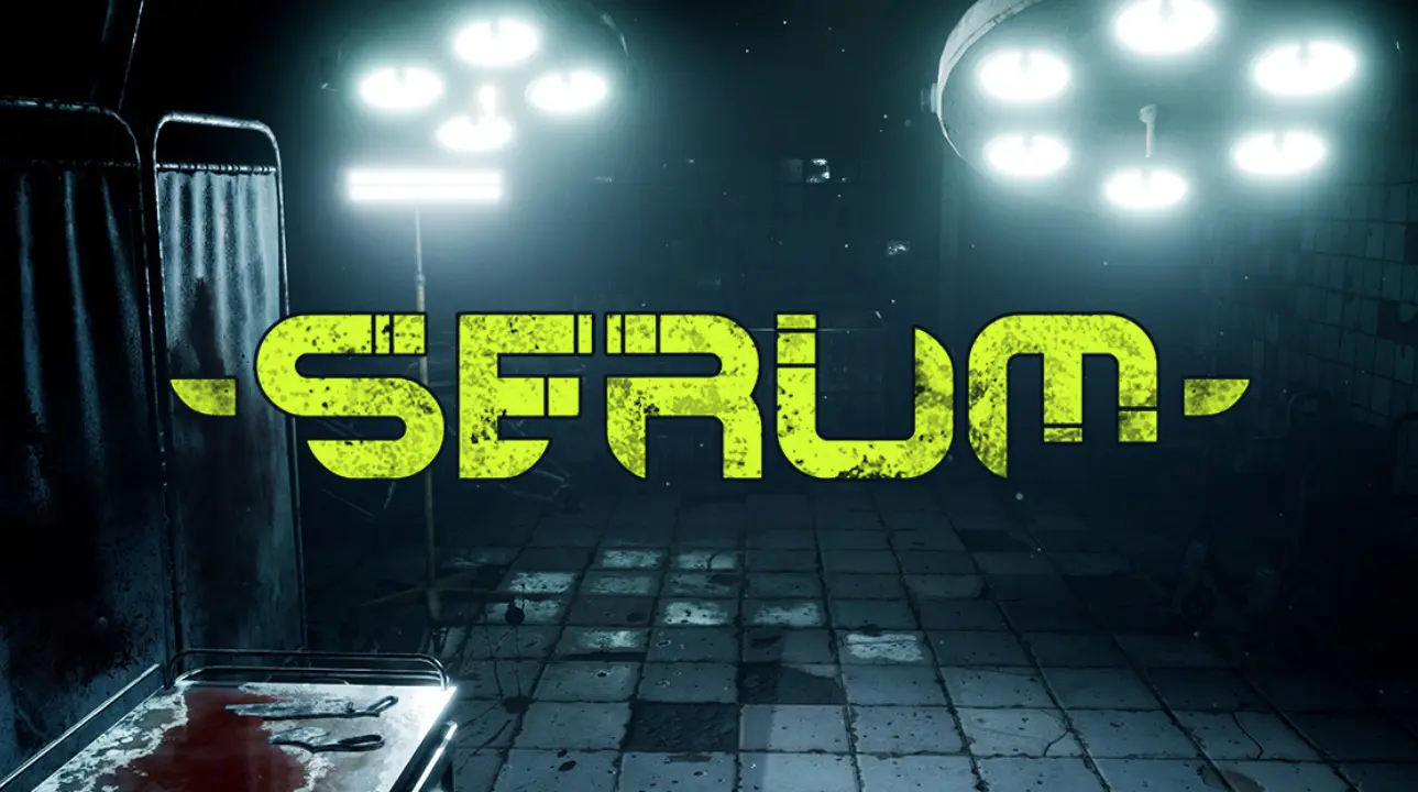Logo of SERUM game with surgical lights in dark lab setting