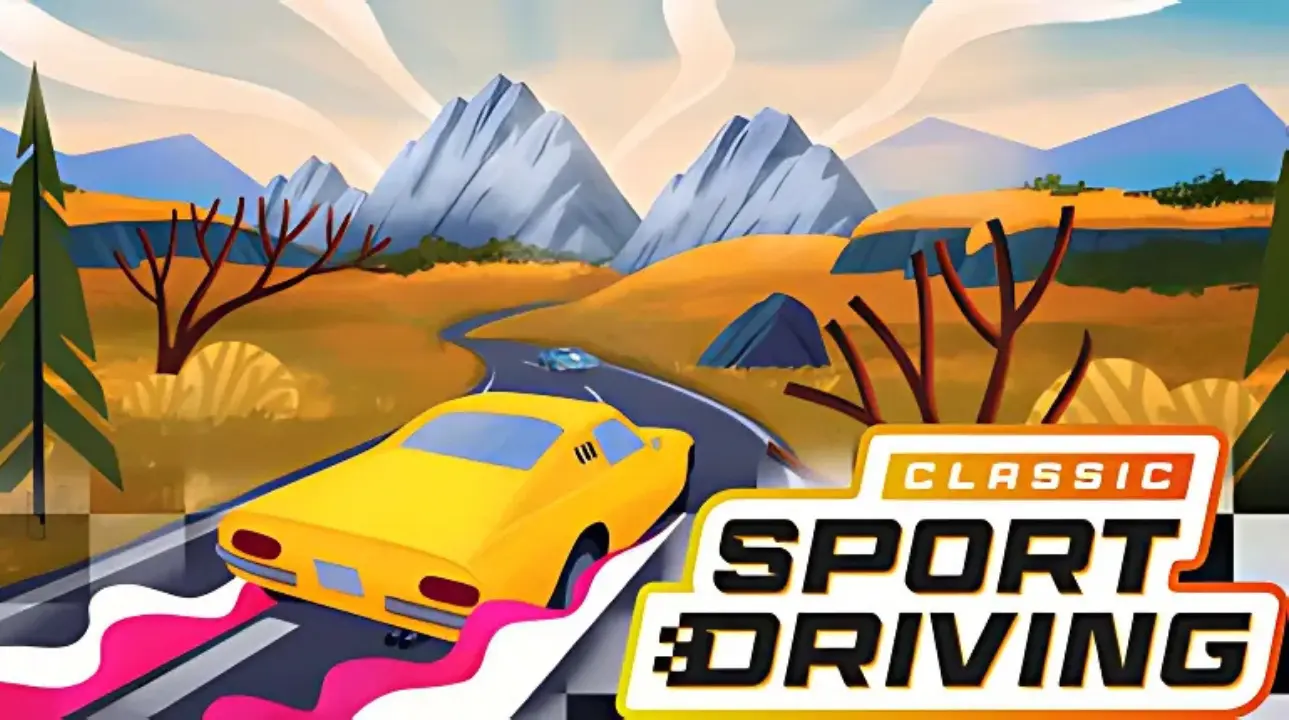 Yellow car racing on retro road in Classic Sport Driving game