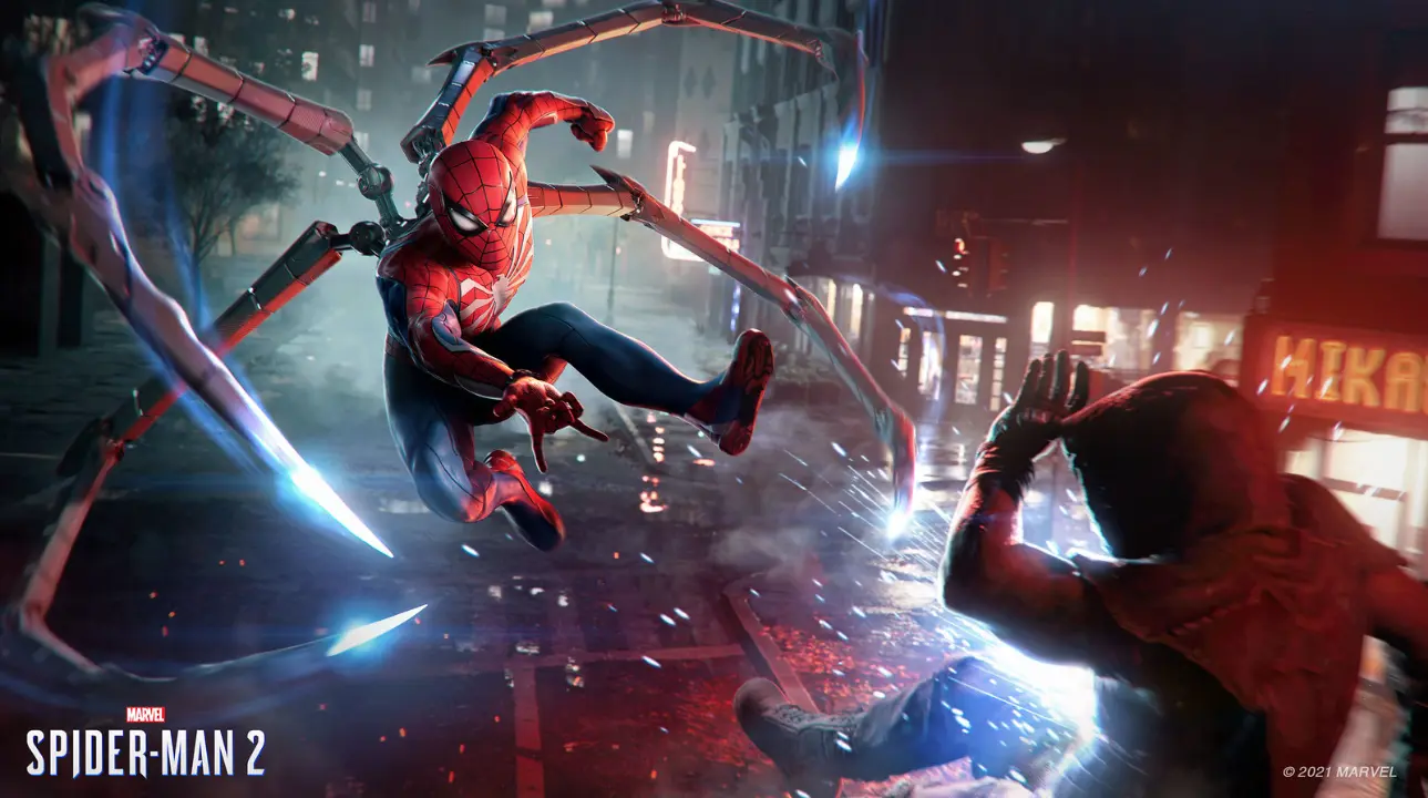 Spider-Man 2 attacks enemy with iron arms in rainy city street