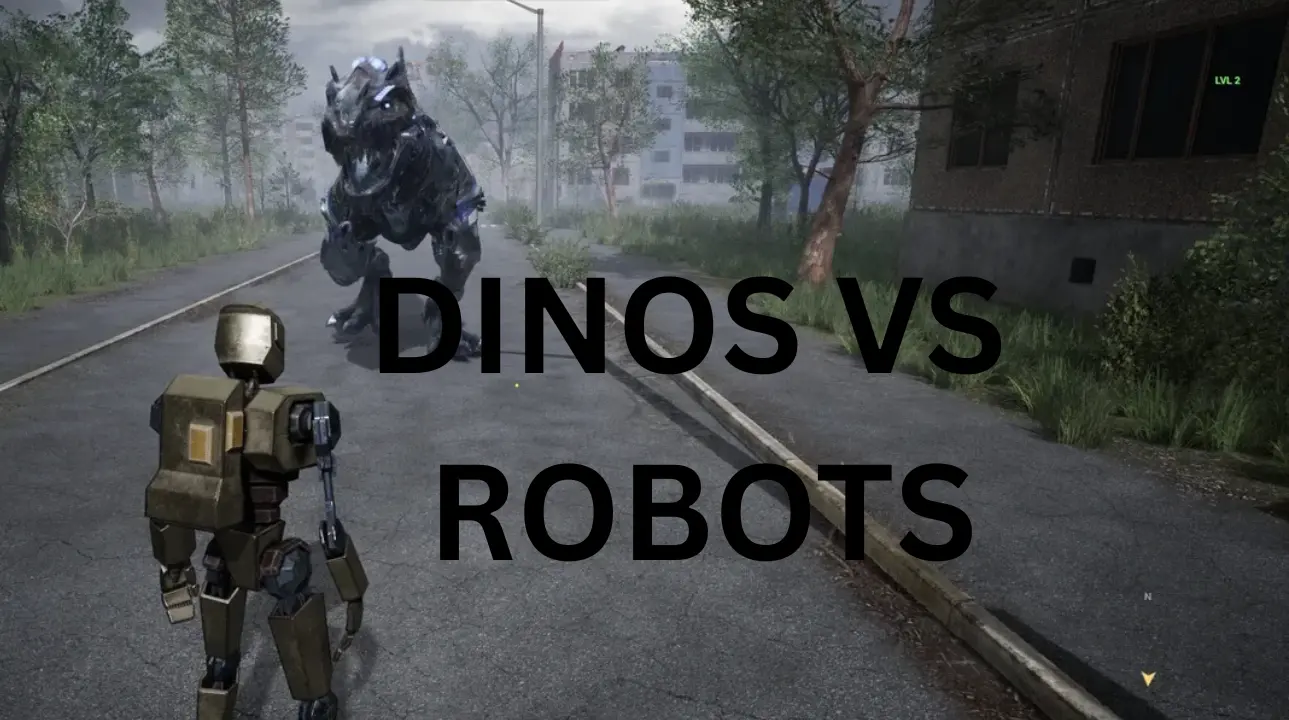 A robot faces off against a large futuristic dinosaur on an empty city street in the indie game "DINOS vs ROBOTS."