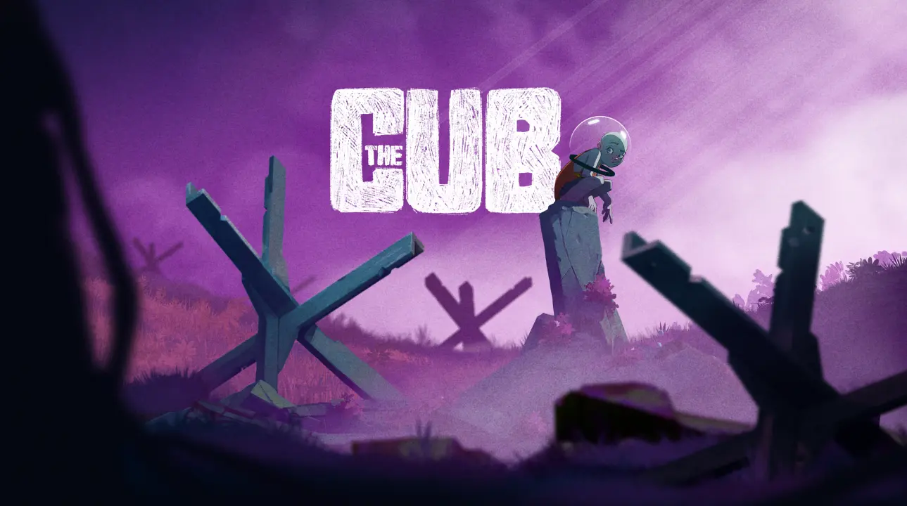 Child in helmet hiding in ruins beneath The Cub game title logo