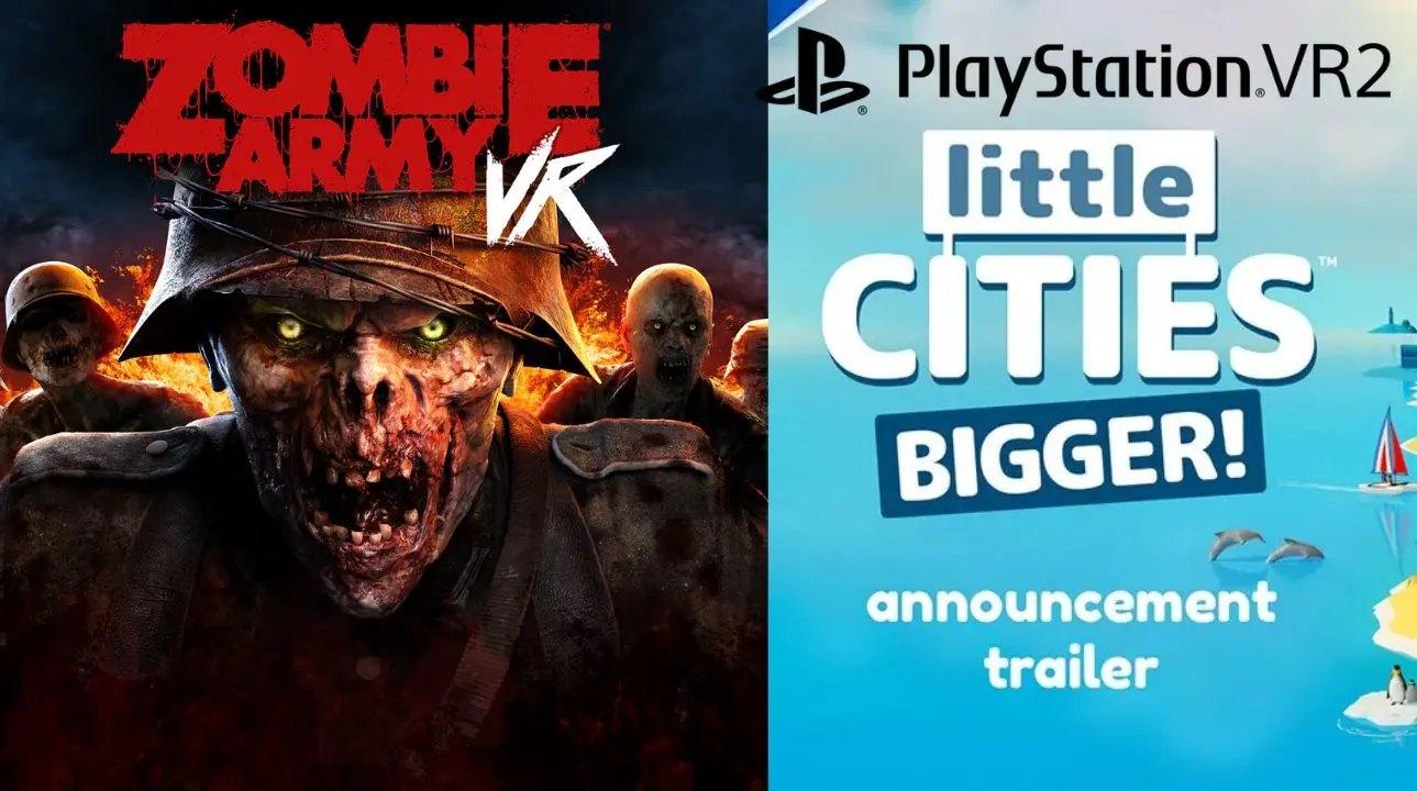 Featured image showing PS VR2 games Zombie Army VR and Little Cities: Bigger! for a PlayStation VR2 article.