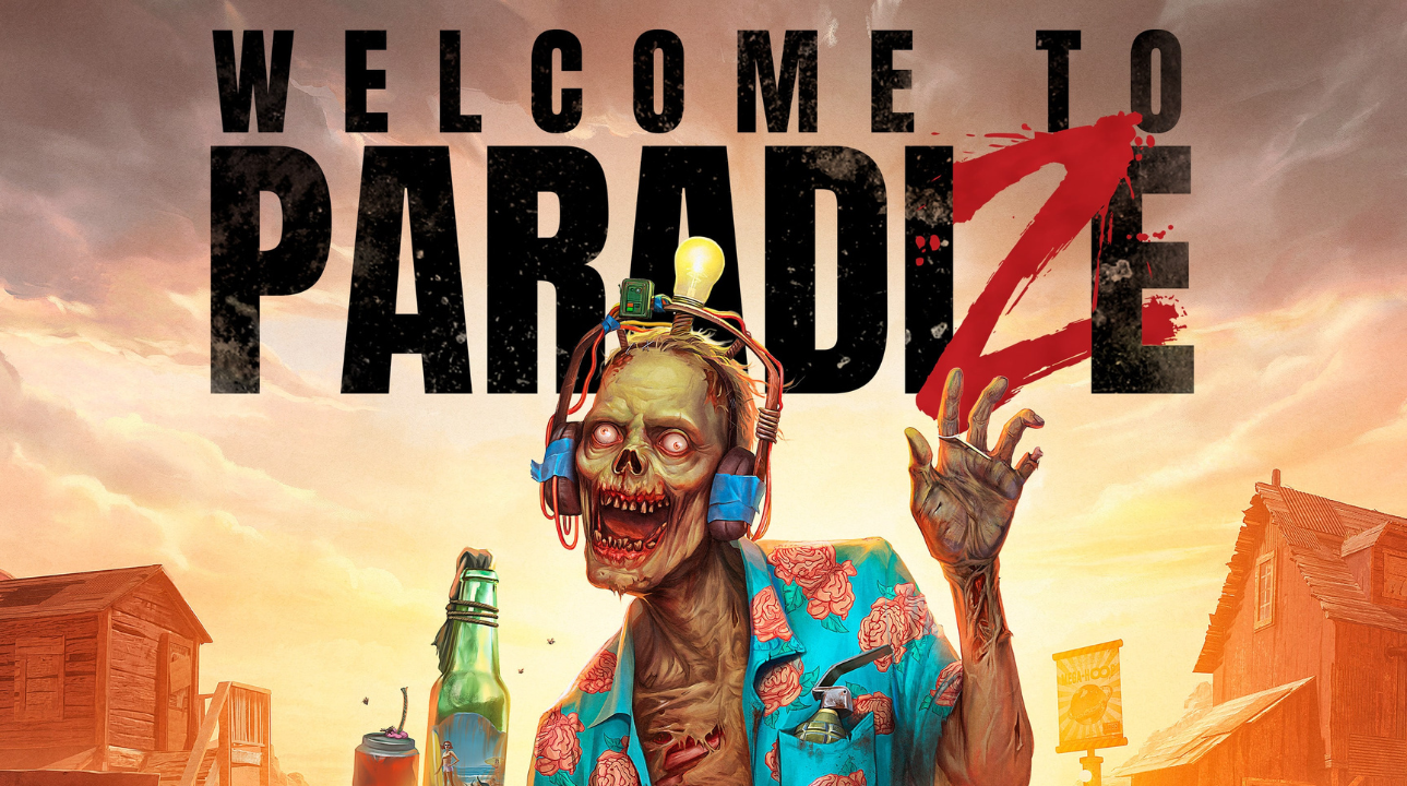 Zombie in floral shirt with headset under Welcome to Paradize logo