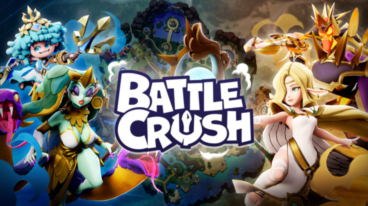Promotional artwork for BATTLE CRUSH featuring stylized characters from the game, including mythological fighters and colorful fantasy creatures, with the game logo centered