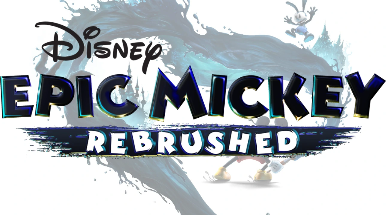 Logo for Disney Epic Mickey: Rebrushed featuring stylized text, paintbrush stroke effects, and Oswald the Lucky Rabbit in the background.