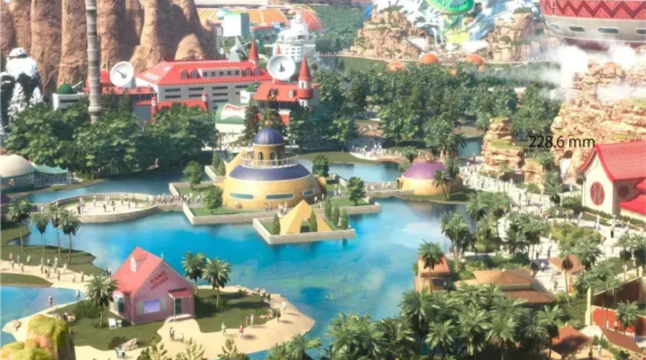 A close-up view of the Dragon Ball theme park's water area, featuring Kame House, pyramid-shaped structures, and dome-roofed pavilions inspired by locations from the anime.