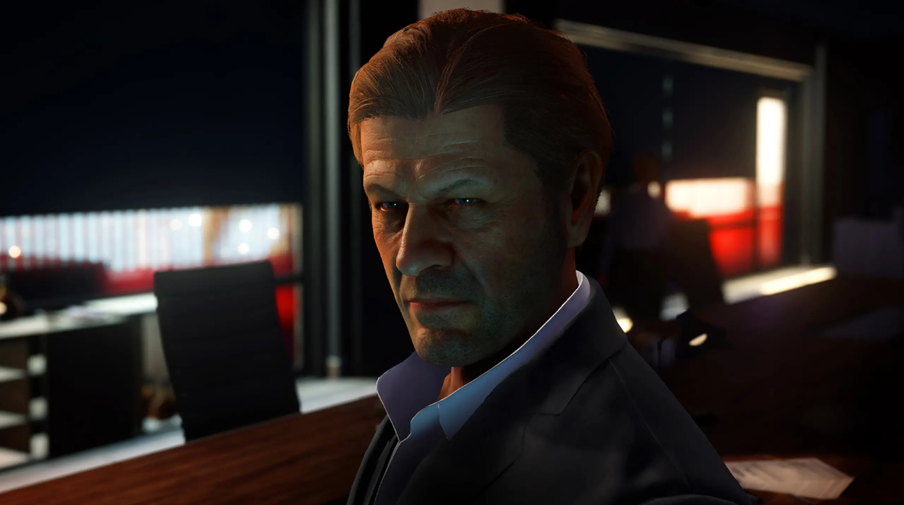 Promotional artwork for HITMAN 2024's Season of Undying featuring Sean Bean as Mark Faba, with stealth action visuals and the March 22 update teaser.