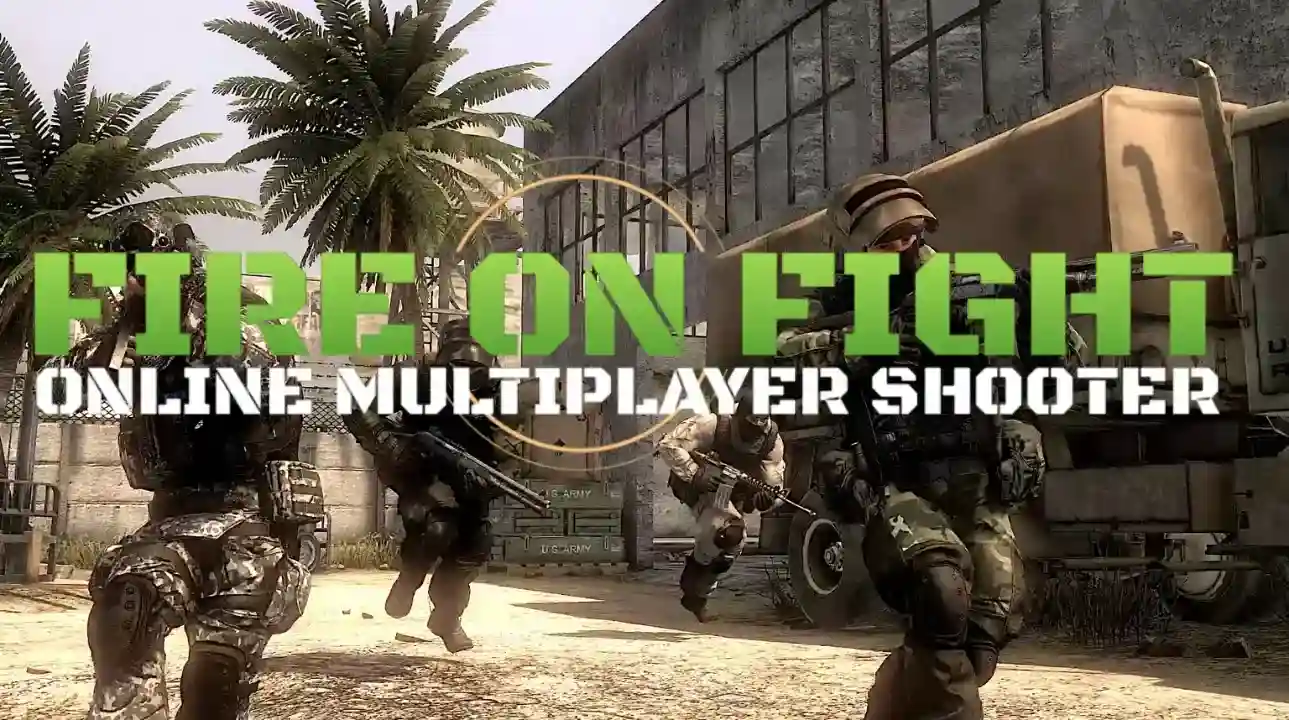 Fire On Fight: Online Multiplayer Shooter promotional image showing soldiers in tactical gear during an intense multiplayer battle, with palm trees and a war-torn urban setting in the background.