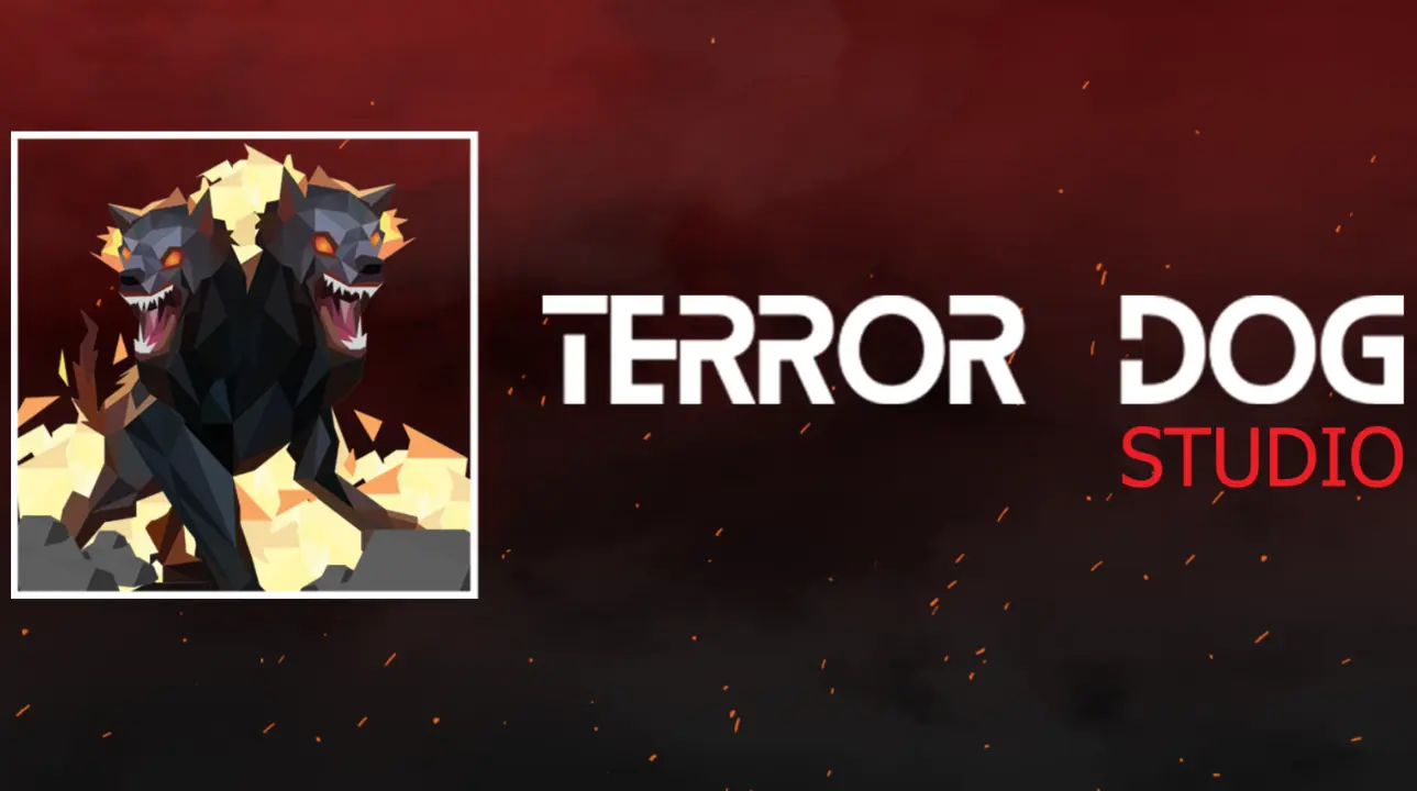 Terror Dog Studio logo featuring a low-poly, two-headed hellhound with glowing eyes emerging from flames, set against a dark red and black smoky background with ember particles.