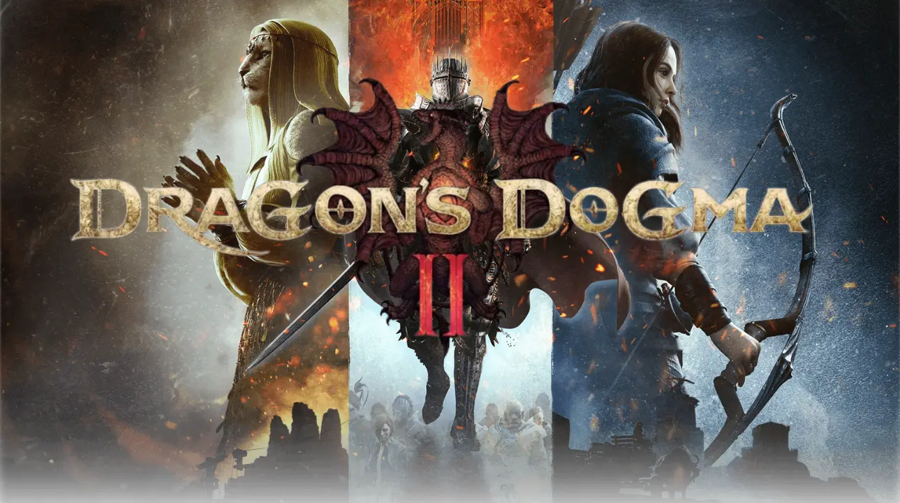 Promotional artwork for Dragon’s Dogma 2, featuring a central armored knight flanked by a robed figure on the left and a female archer on the right, with dramatic red, gold, and blue backgrounds representing the game’s fantasy themes. The game title is displayed prominently across the center.
