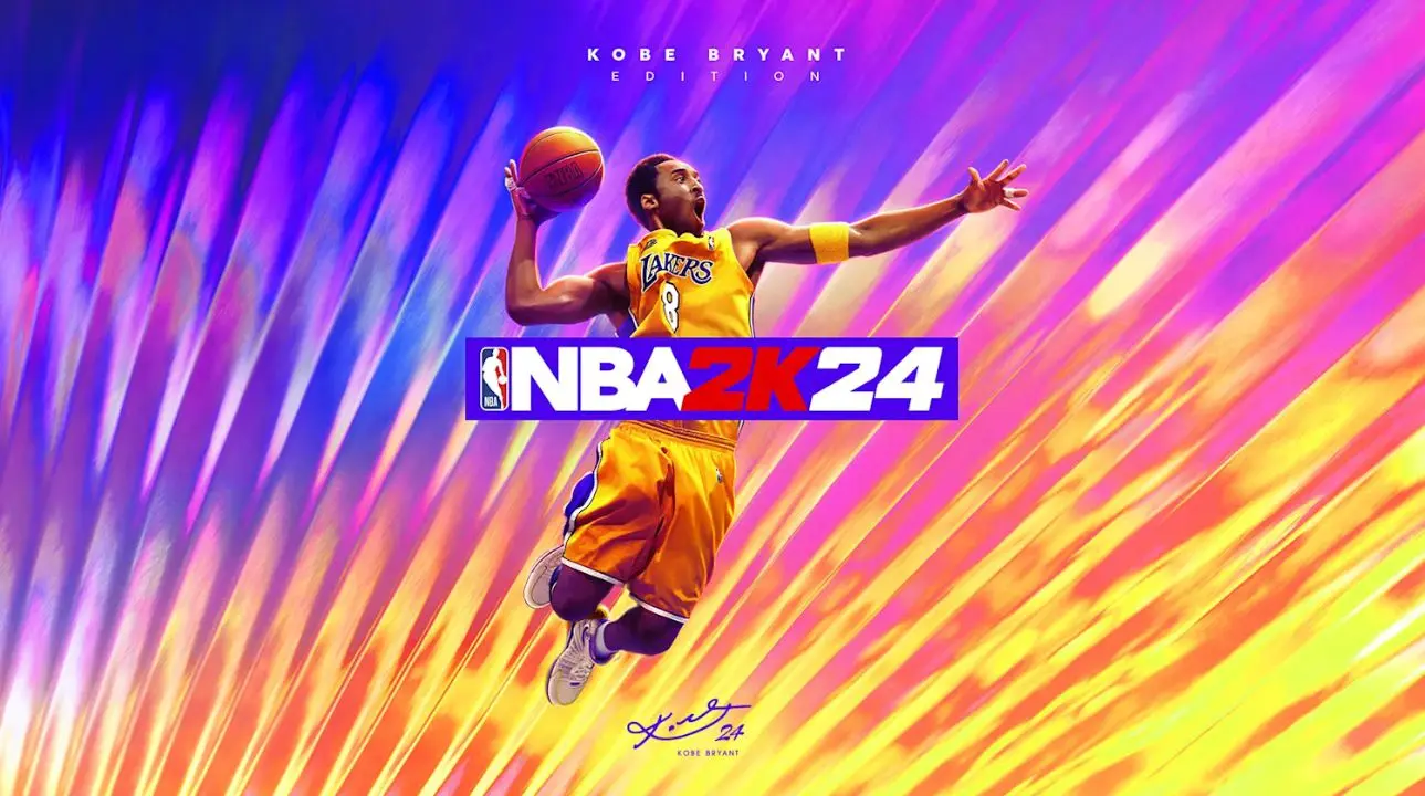 NBA 2K24 Game Pass promotional splash art with vibrant purple and orange rays