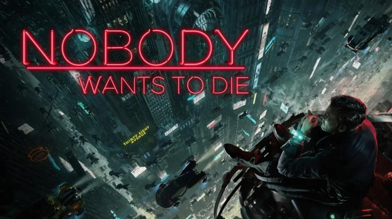 Detective James Karra investigating in a cyberpunk cityscape, promotional artwork for Nobody Wants to Die