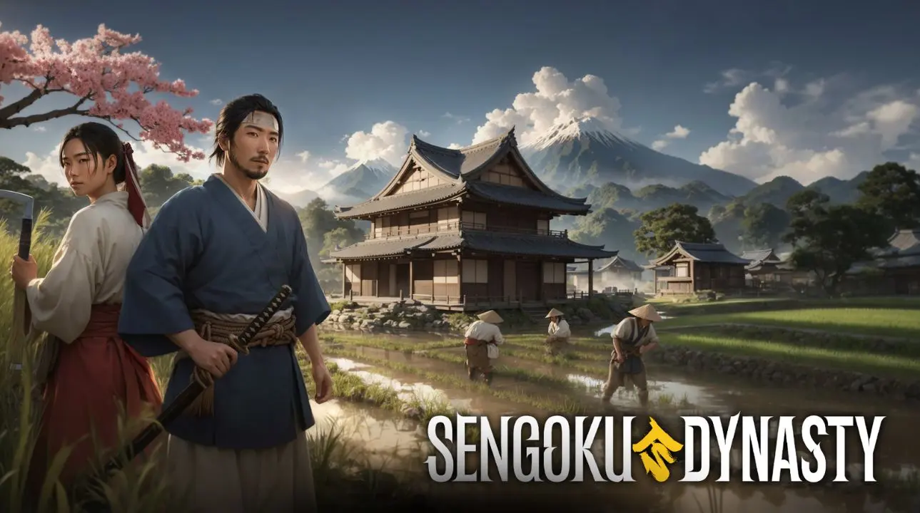 Sengoku Dynasty PS5 and Xbox release artwork showing samurai and village landscape.