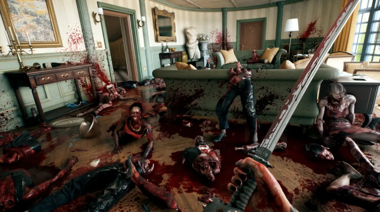 A blood-splattered scene from Dead Island 2 showing players battling through zombies in a California interior space.
