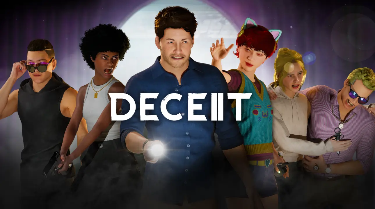 Promotional artwork for Deceit 2 featuring a diverse group of characters in a tense pose, with one holding a flashlight, under the game's title logo.