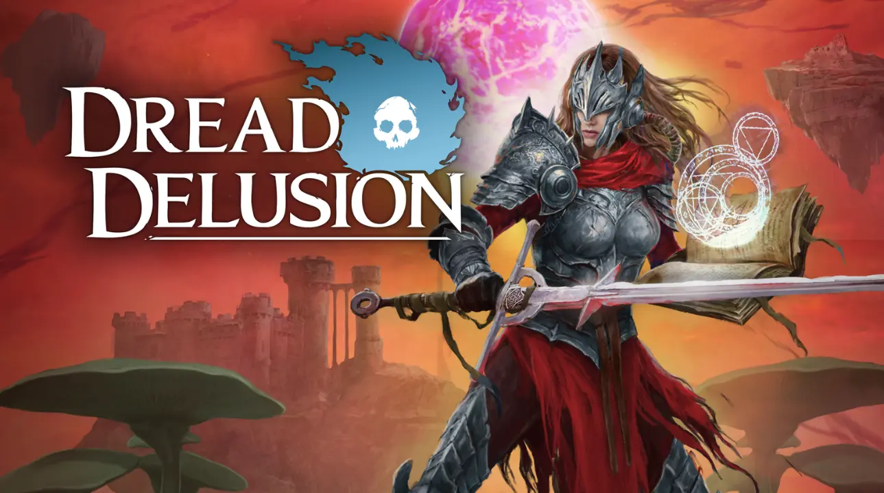 Dread Delusion fantasy RPG cover with armored sorceress