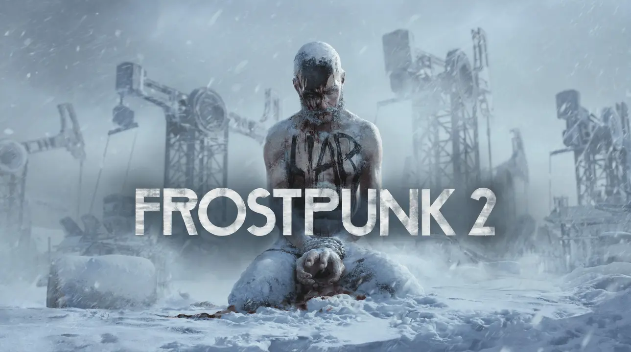 Frozen man kneeling in snow from Frostpunk 2 key art