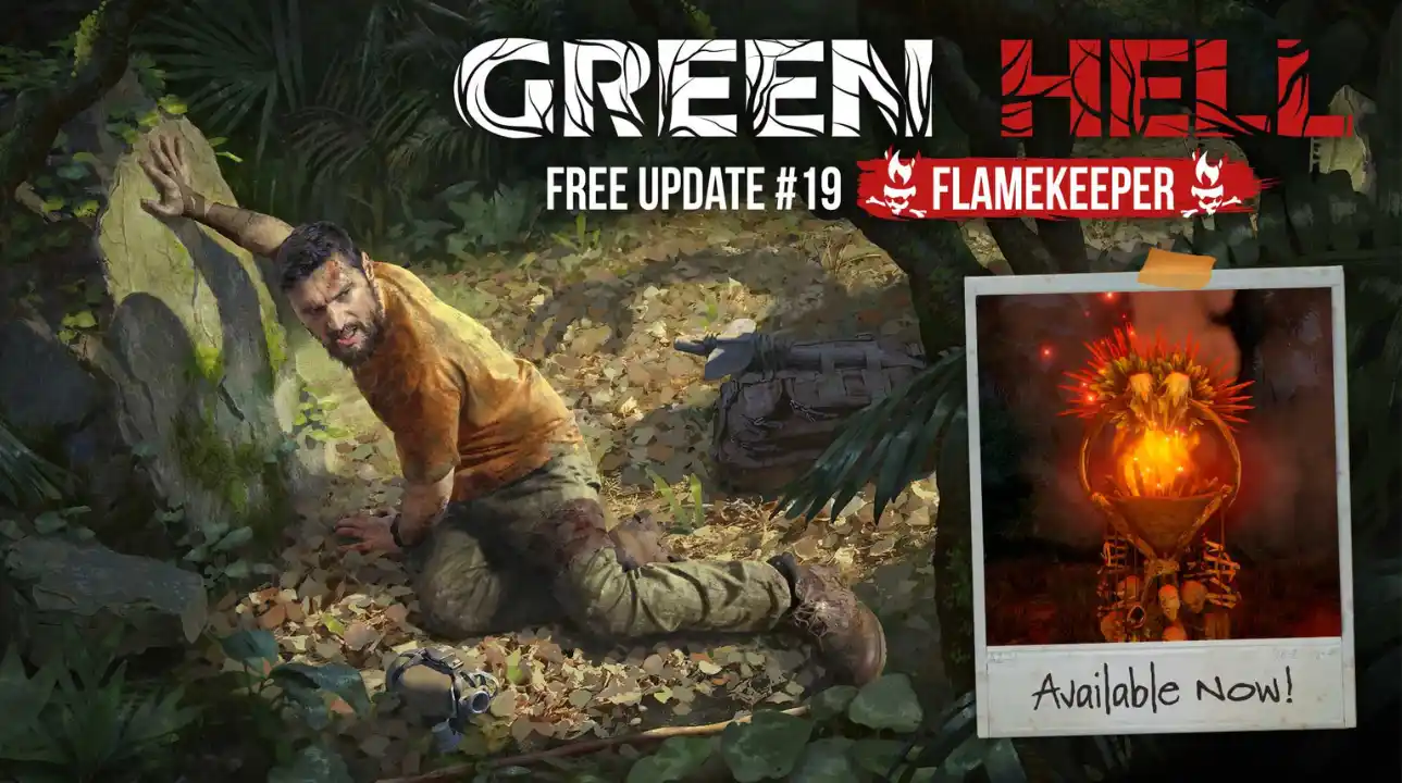 Green Hell Update 19 Flamekeeper promo art featuring a wounded survivor in the jungle and a fiery tribal totem labeled “Available Now.