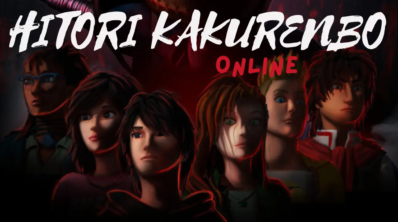 Group of anime-style teenagers with intense expressions from the horror game "Hitori Kakurenbo Online," with the game title in bold white and red text above.