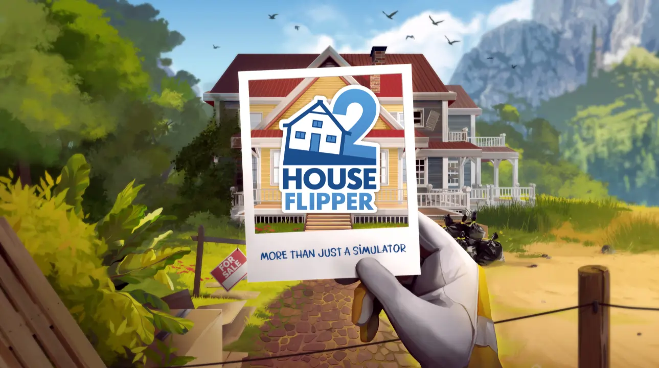 Close-up of the House Flipper 2 logo on a photo, with a house and trees behind, showcasing the "More Than Just a Simulator" tagline
