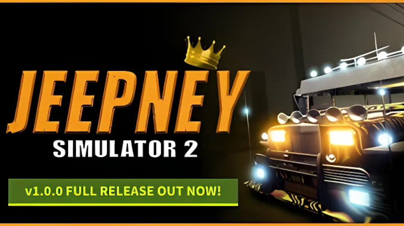 Jeepney Simulator 2 title screen with glowing lights and v1.0.0 banner