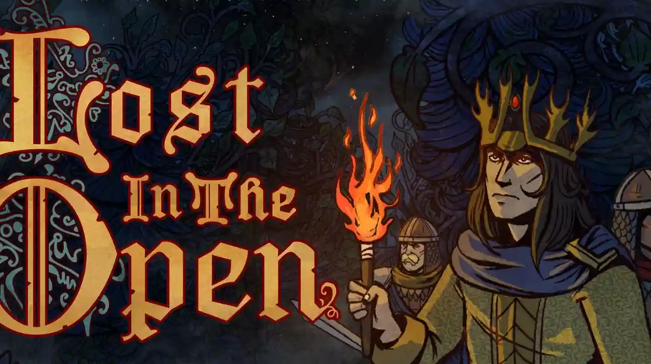 Lost In The Open promotional artwork showcasing a medieval-styled king wearing a golden crown, holding a burning torch amidst a dark, intricate background.