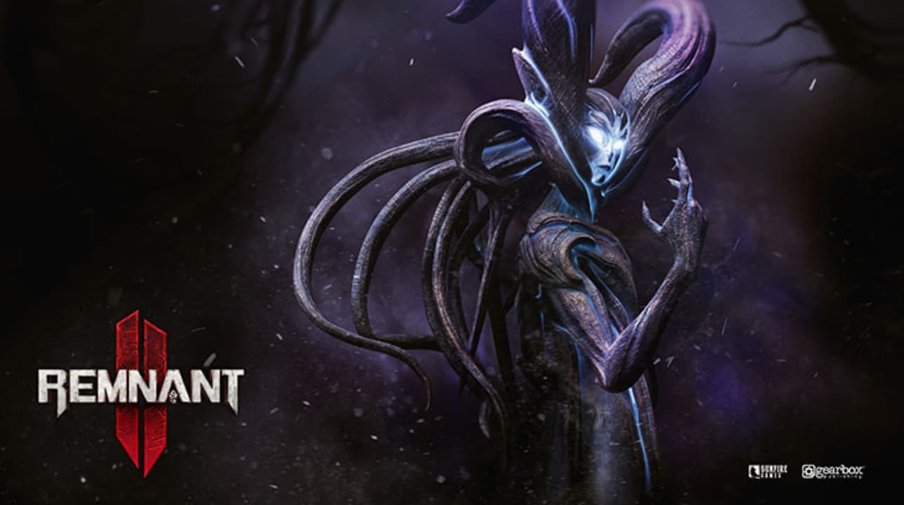 Lydusa, the ancient stone spirit from Remnant II: The Forgotten Kingdom DLC, with glowing eyes and tendrils in a dark, mystical environment.