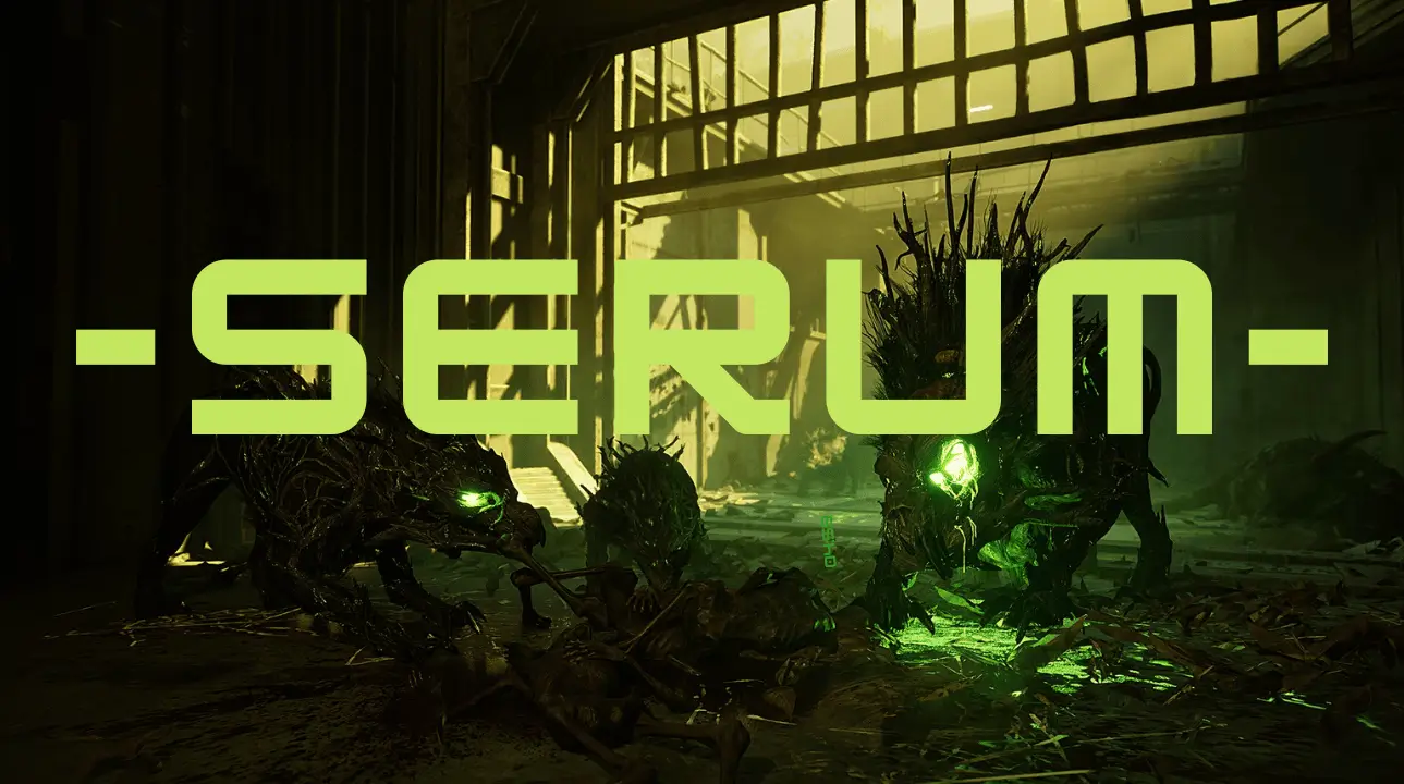 Green glowing infected creatures lurking in a dark post-apocalyptic environment from the game SERUM, with the game's logo in bold neon green font overlay.