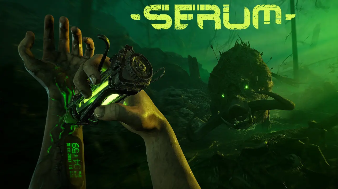 Player injects glowing green serum into arm as a mutated wild boar charges from a toxic forest, promoting SERUM’s survival gameplay.