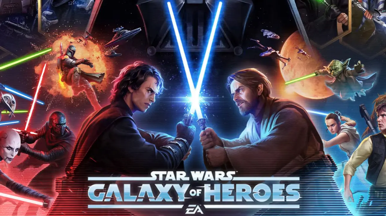 Artwork featuring Star Wars characters including Anakin Skywalker and Obi-Wan Kenobi dueling with lightsabers, promoting Star Wars: Galaxy of Heroes by EA.