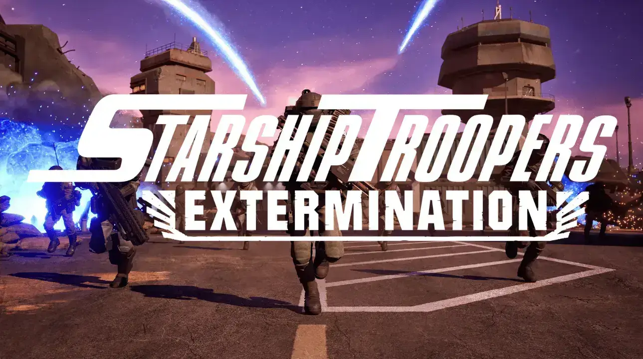 Soldiers from Starship Troopers: Extermination charging into battle with rifles, set against a futuristic outpost and sky lit by meteor trails. Game logo overlayed.