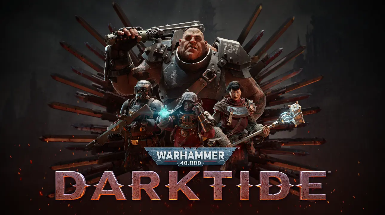 Darktide characters pose with weapons in Warhammer 40K art