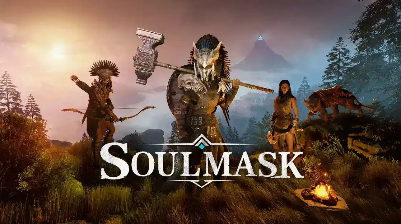 Soulmask Game Cover with Tribal Warriors: A fierce tribal warrior holding a massive hammer, flanked by two archers and a primal beast against a misty, forested backdrop.