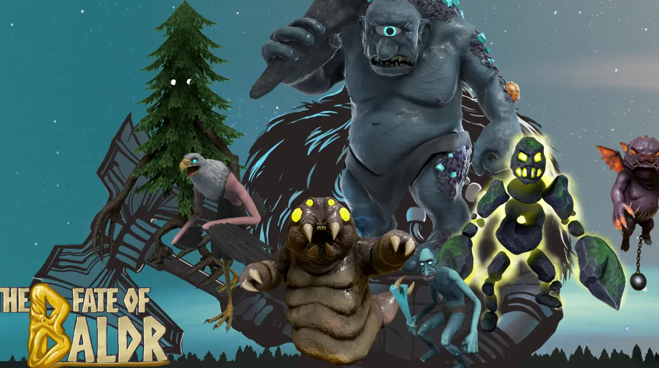 Promotional image for The Fate of Baldr showcasing a lineup of unique alien and mythological enemies, including a one-eyed cyclops, a glowing golem, and a giant tree creature, with the game's logo in the bottom-left corner against a starry night backdrop