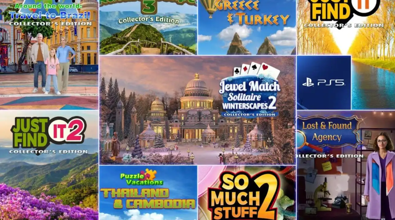 Collage of PlayStation 5 puzzle games including Puzzle Vacations, Jewel Match Solitaire, and more