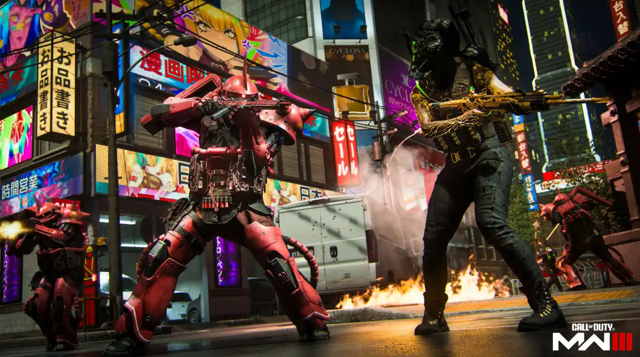 Players in futuristic combat armor face off in a neon-lit urban battlefield from Call of Duty: Modern Warfare III Season 4.