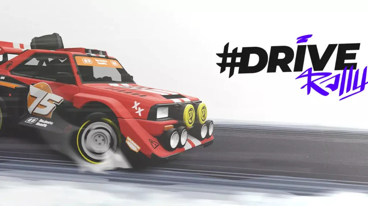 Red rally car drifting on a snowy road with #DRIVE Rally logo on a white background.