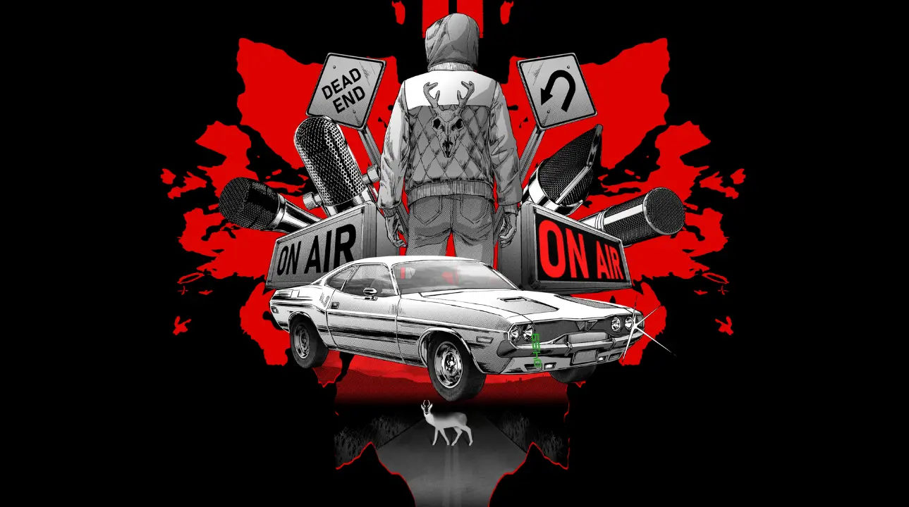 Heading Out key art with car, driver, and road signs