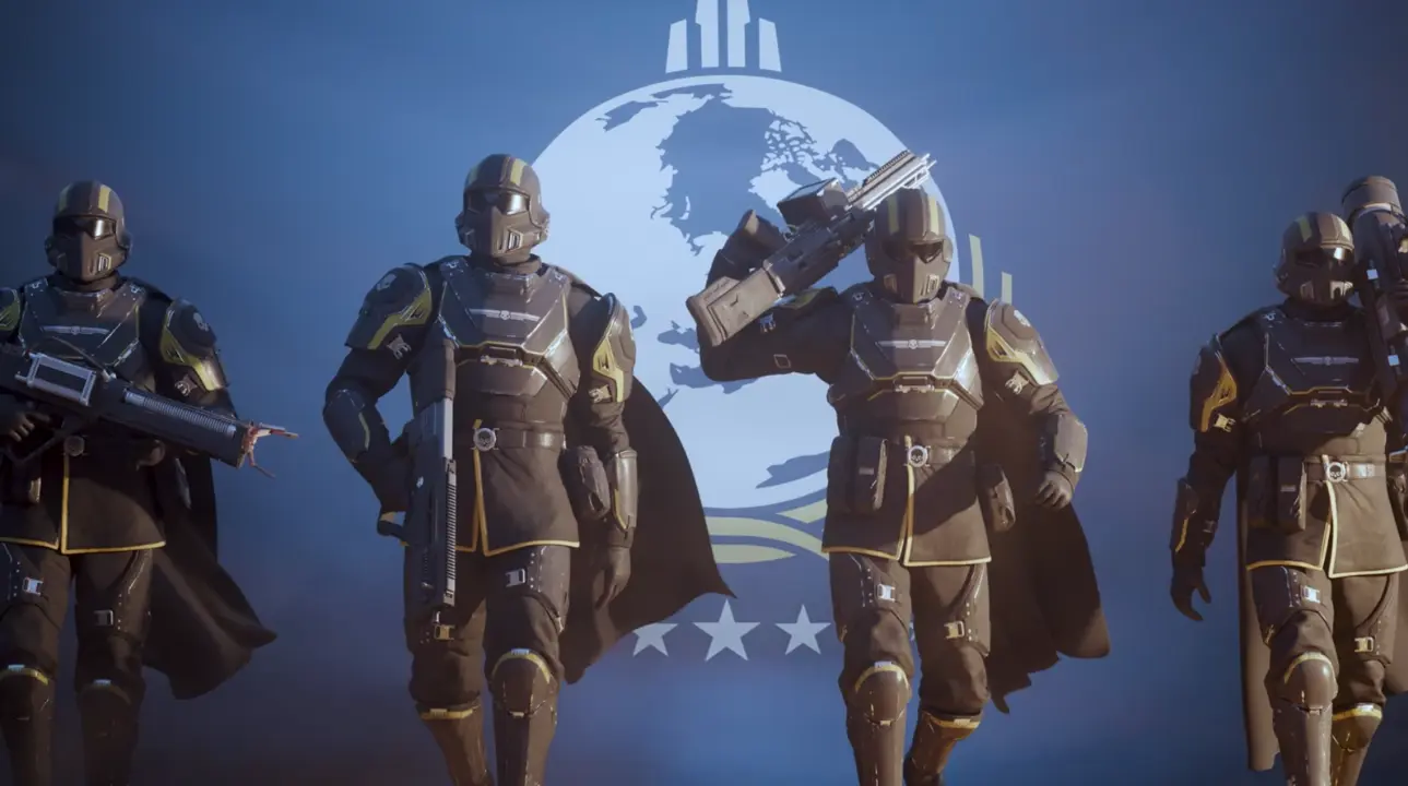 Helldivers 2 squad in armor standing before Super Earth emblem